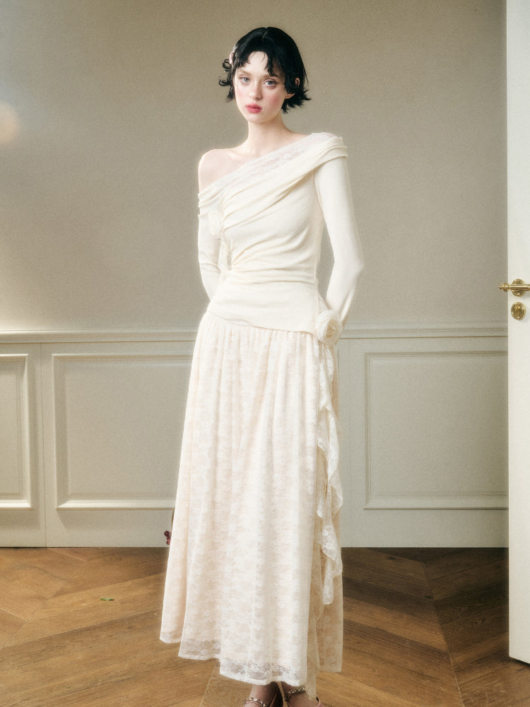 Lace Floral Asymmetrical Off-Shoulder Top & Skirt Set