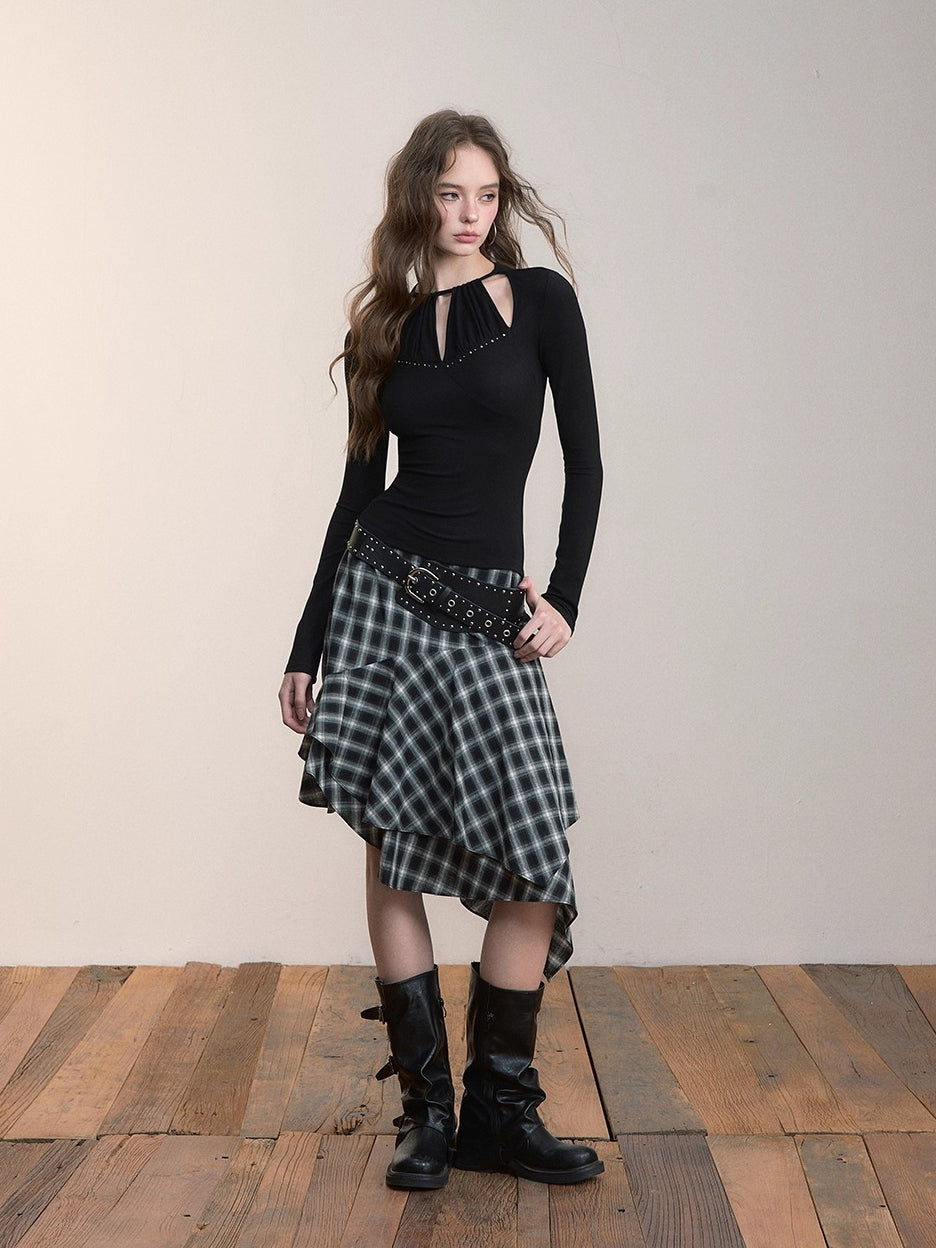 Asymmetric Plaid Midi Skirt