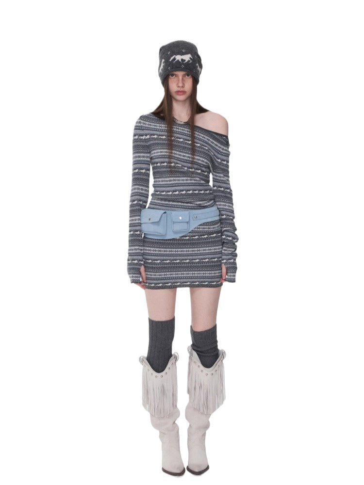 Fair Isle Off-Shoulder Jacquard Knit Dress