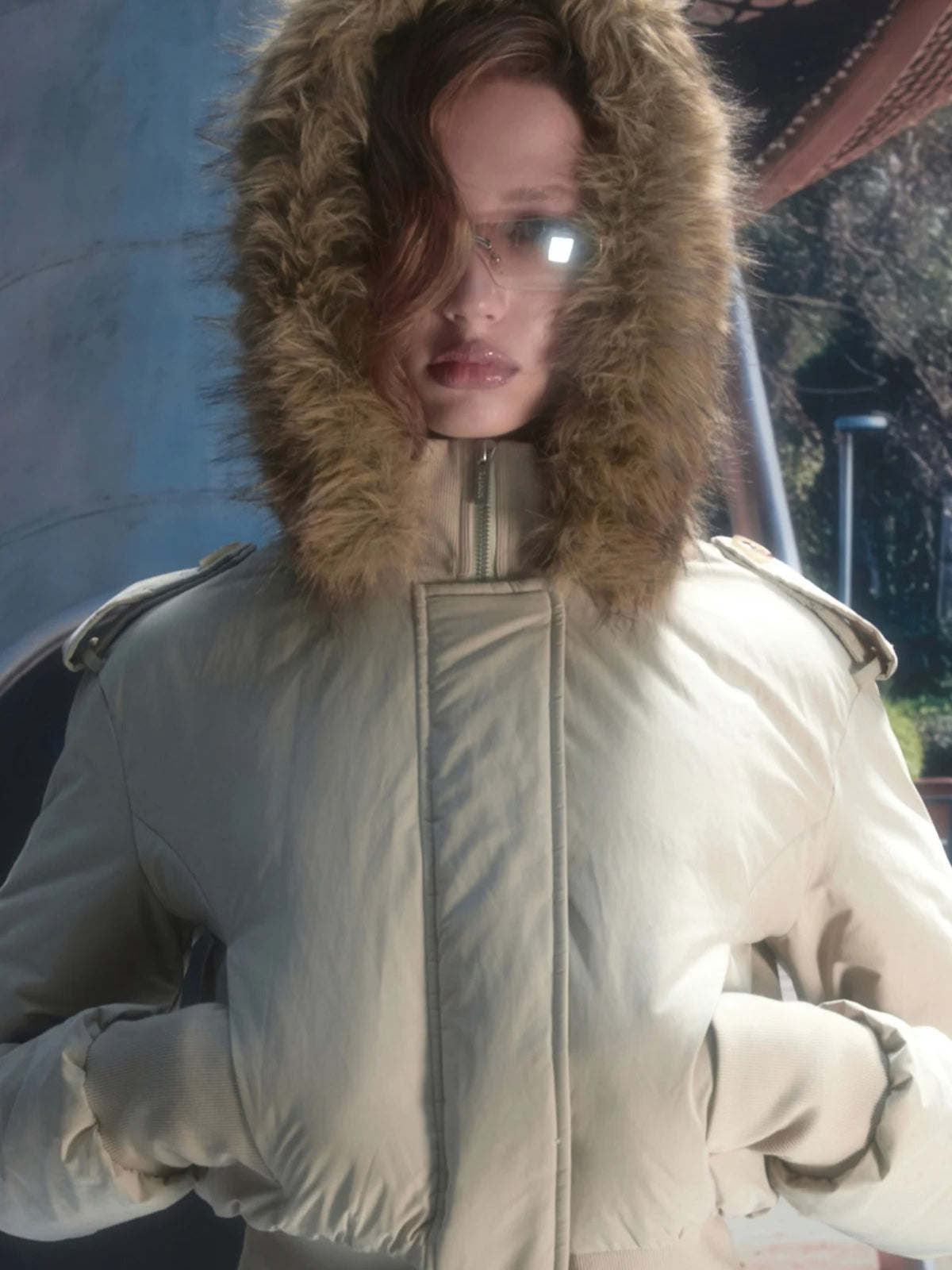 Detachable Faux Fur Ribbed-Waist Down Jacket