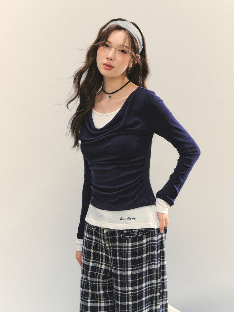 Dangle Collar Fake Two-Piece Color-Blocked Blouse