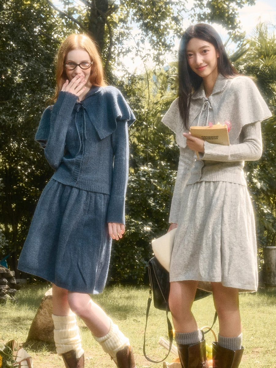Snow Library Wool Knit Cape Cardigan & Skirt Set