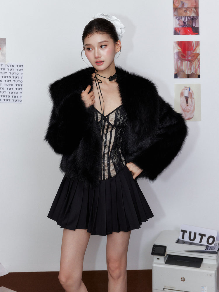Pleated Lace Waist-Cinching Dress & Coat Set