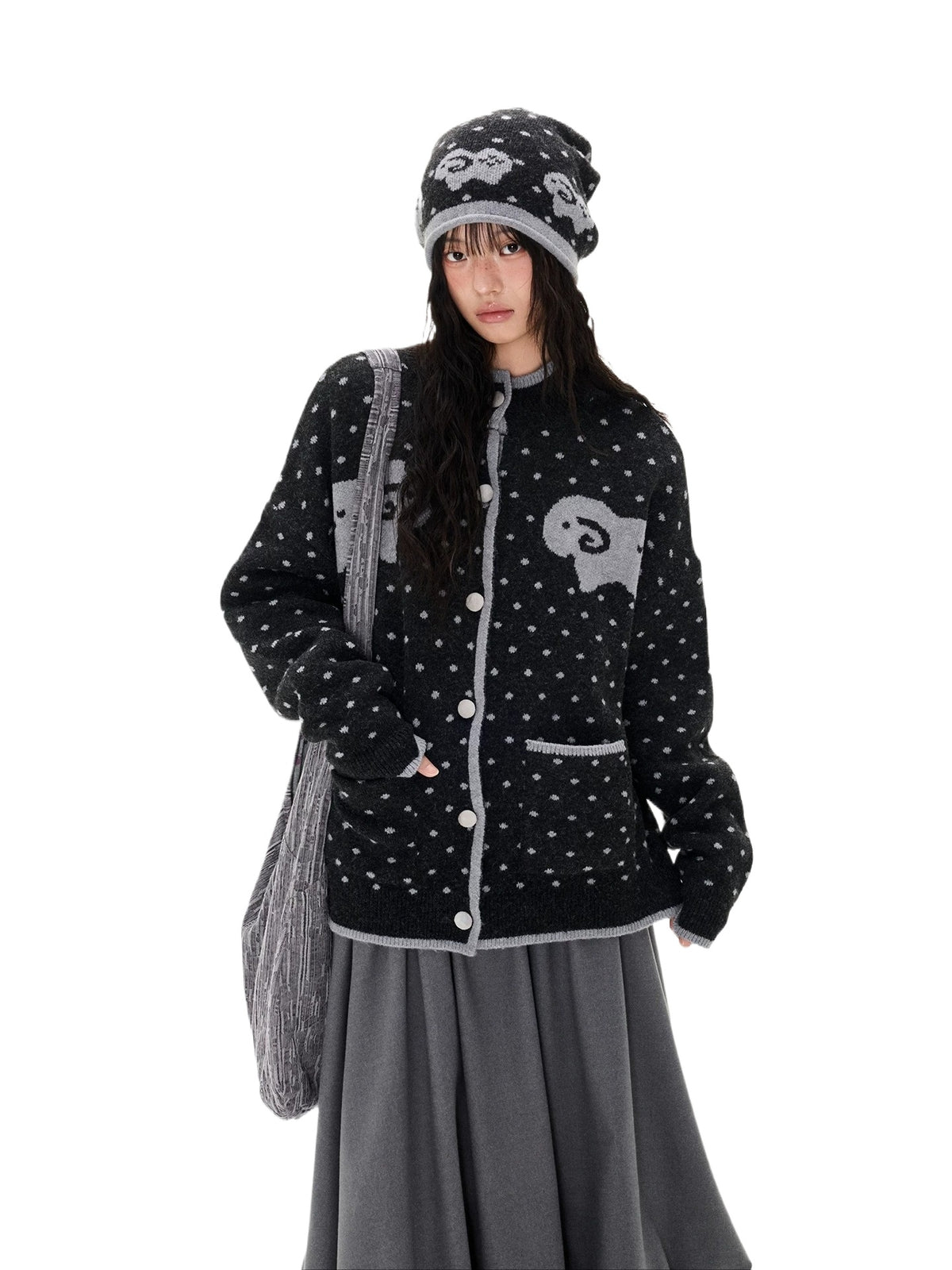 Contrast Sheep Jacquard Knit Cardigan