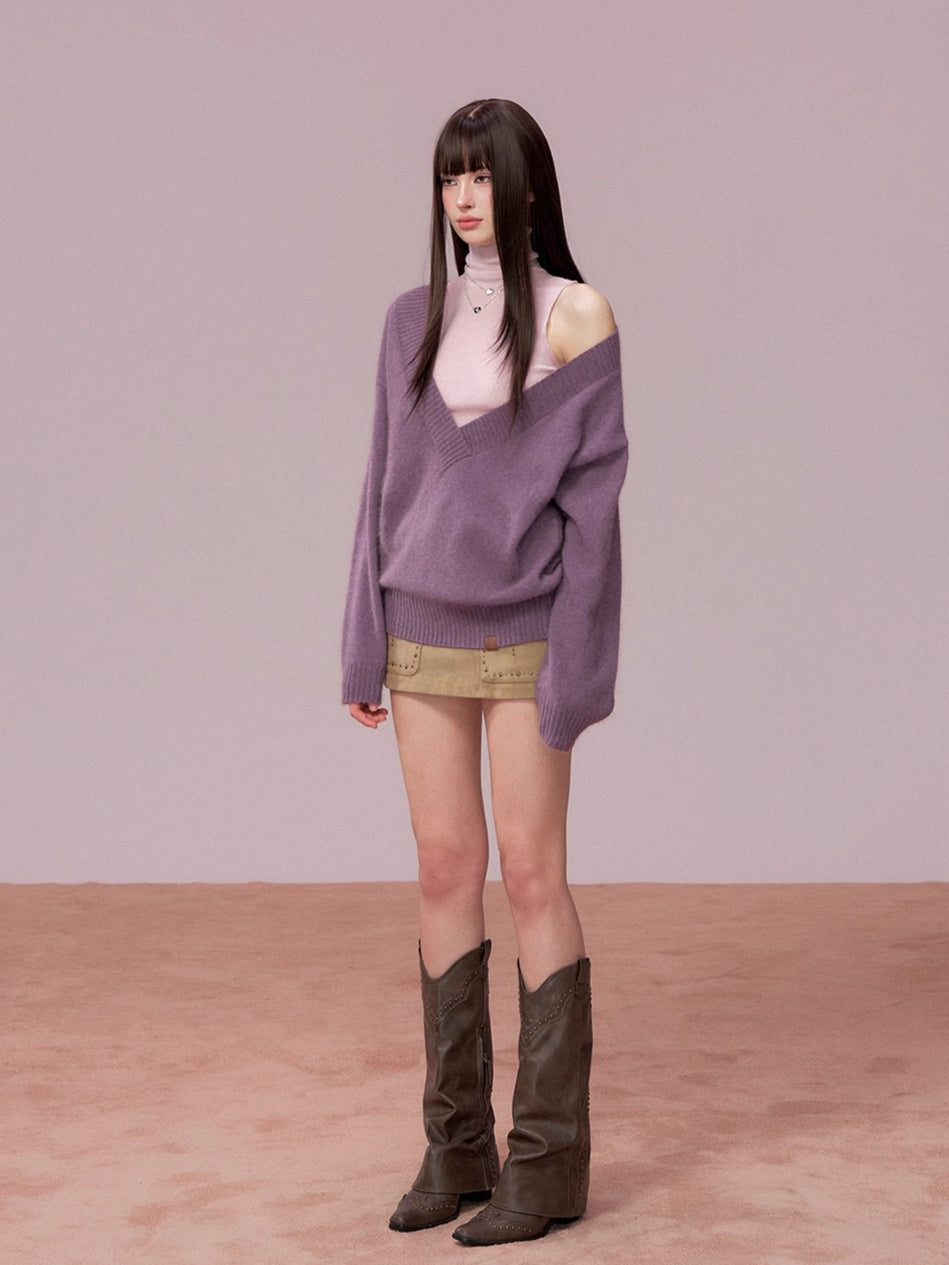 V-Neck Ribbed Knit Sweater