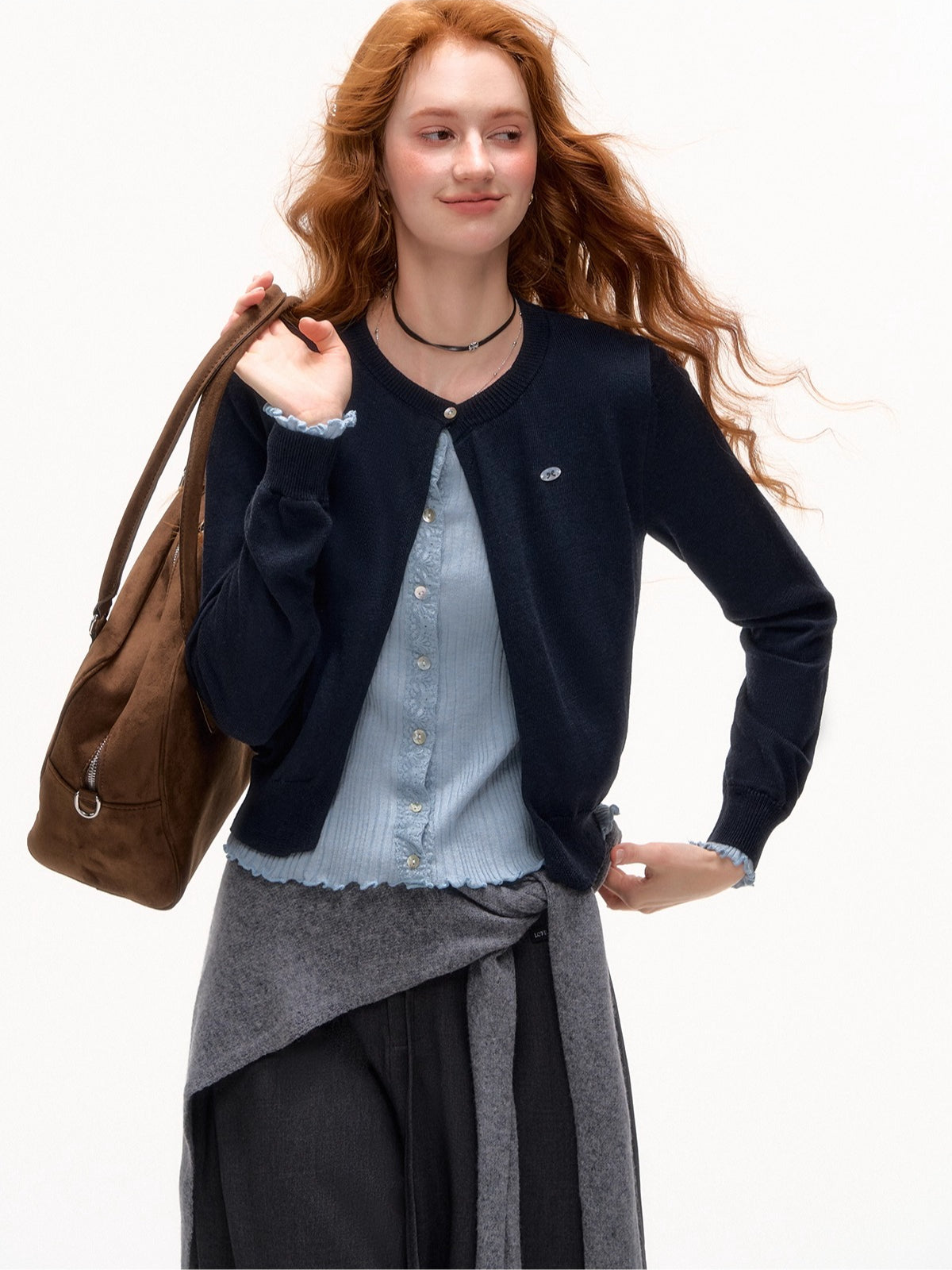 Contrast Mock-Layer Knit Cardigan