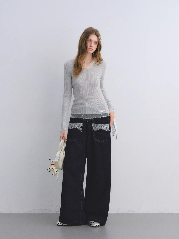 Polka Dot Mesh Wool Blend Knit Top