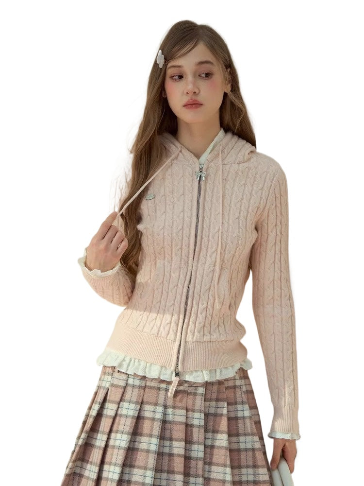 Detachable Fur Collar Blush Zip-up Knit Cardigan