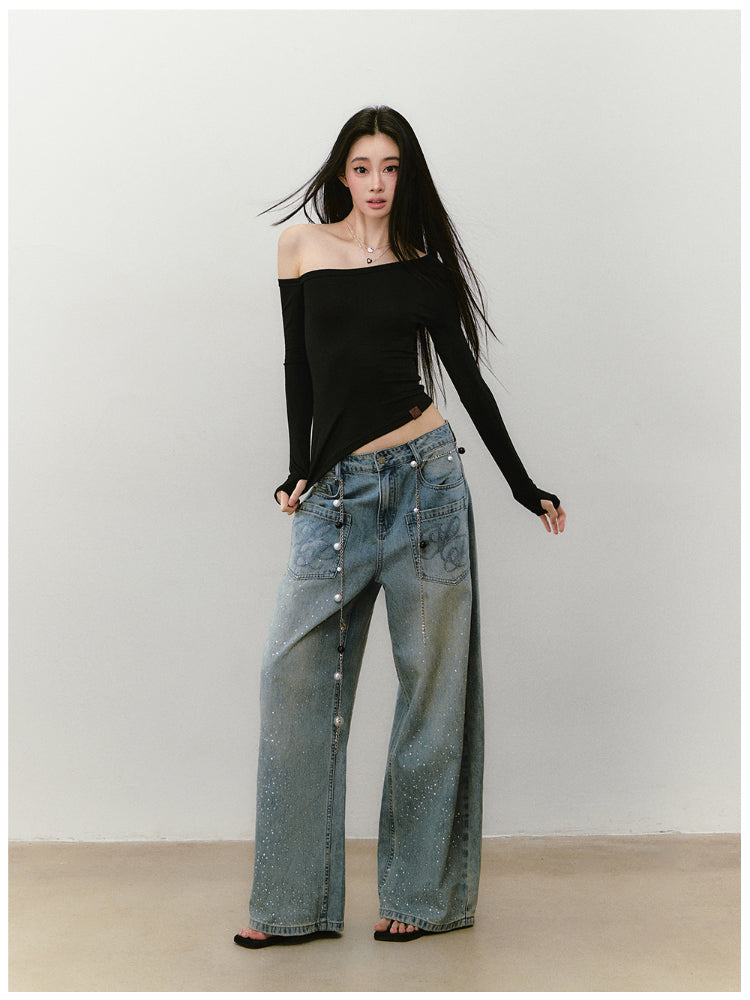 Shimmer Asymmetric Shoulder Irregular T-shirt