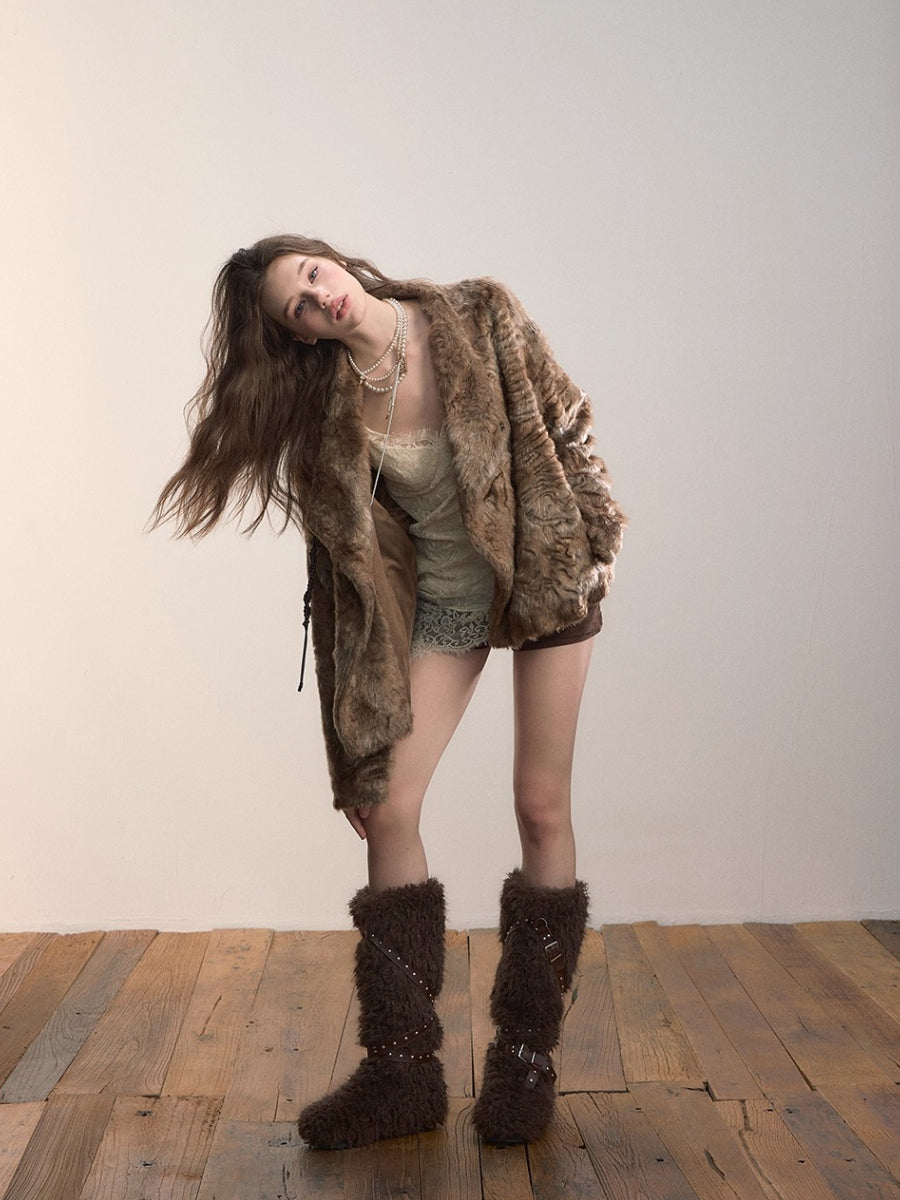 Textured Custom Large Notch Collar Faux Fur Coat