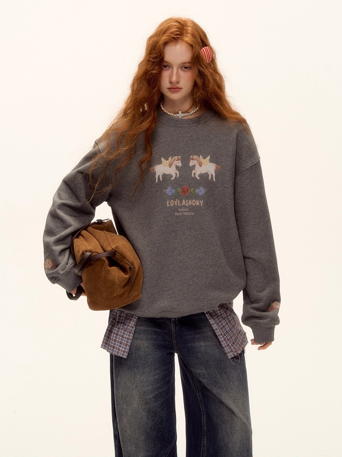 Floral Pony Print Fleece-Lined Pullover Sweatshirt