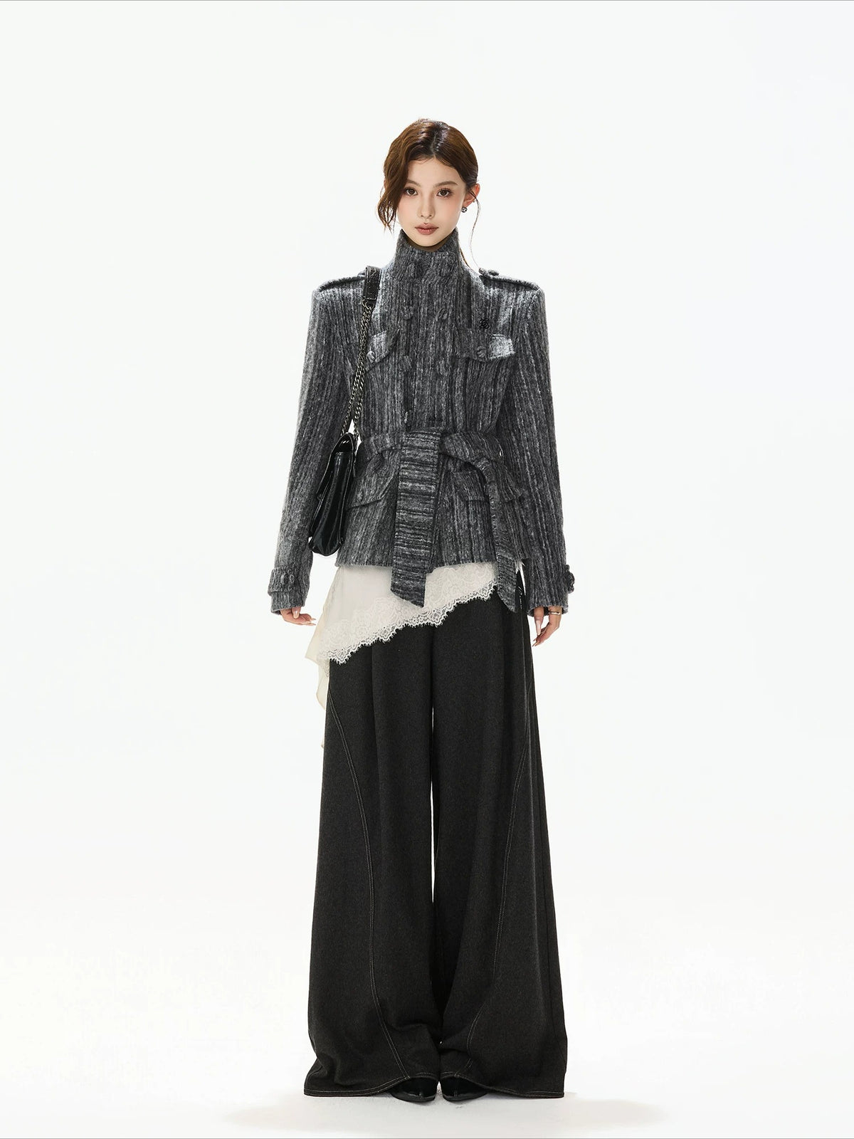 Gray Belted Tweed Coat
