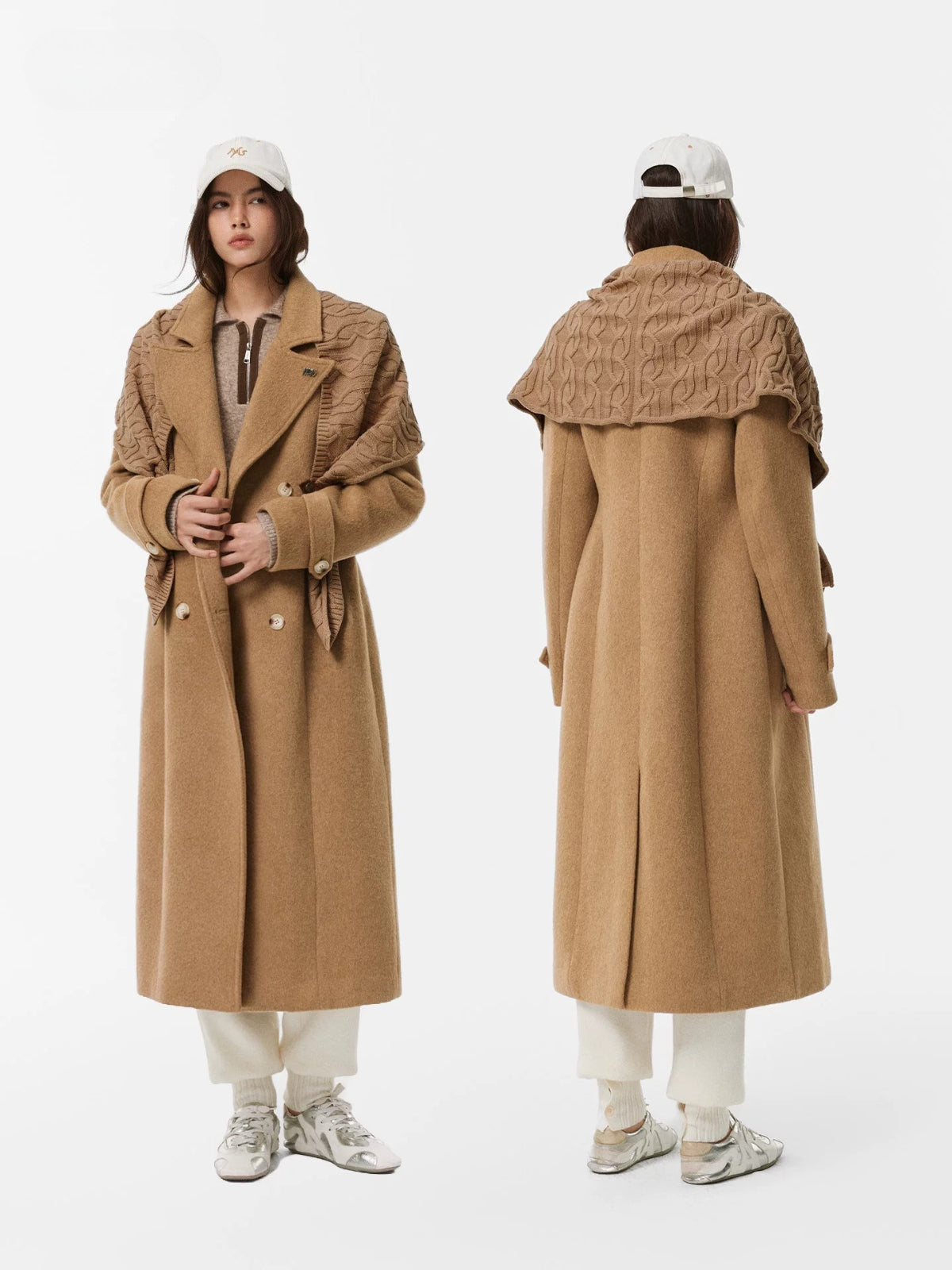 Detachable Knit Shawl Wool-Blend Coat