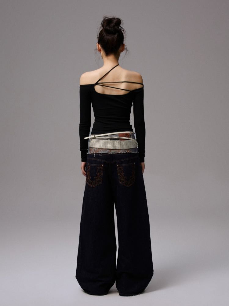 One-Shoulder Beaded Strappy Solid Color T-Shirt