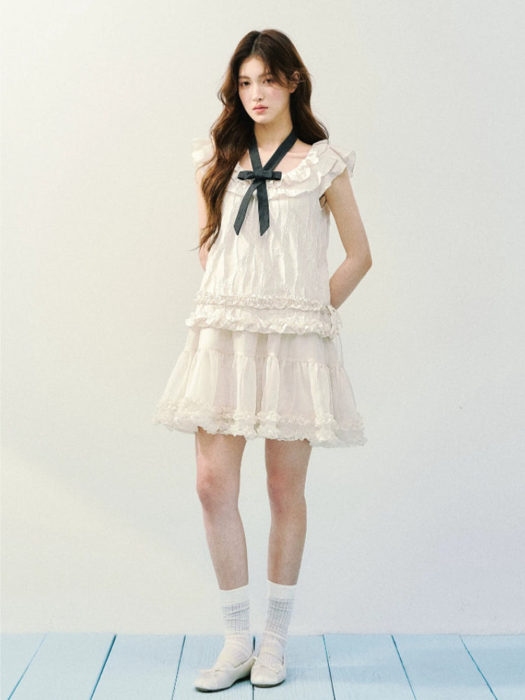 Beige Ruffle Drawstring Dress