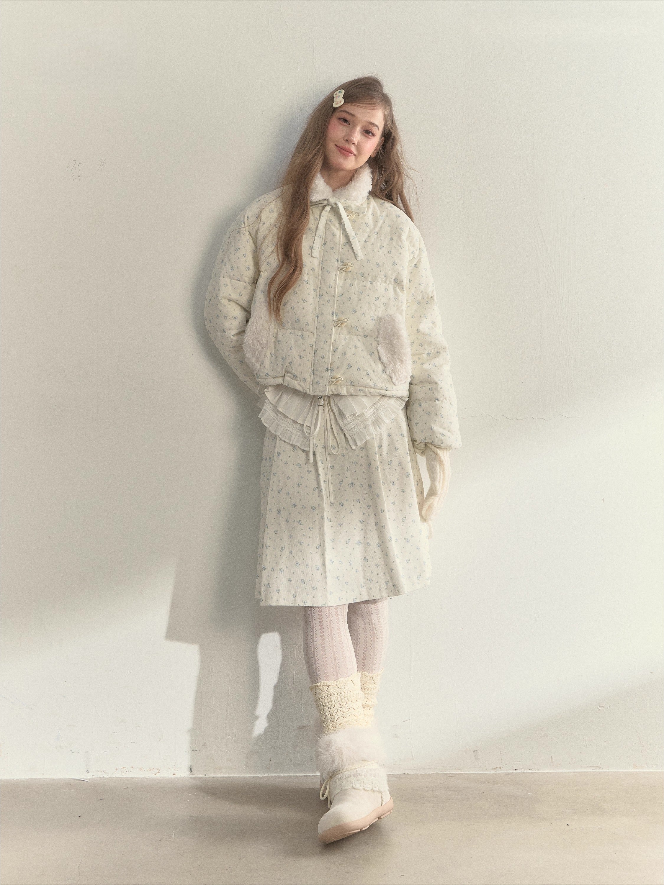 Floral Corduroy Down Jacket & Pleated Skirt