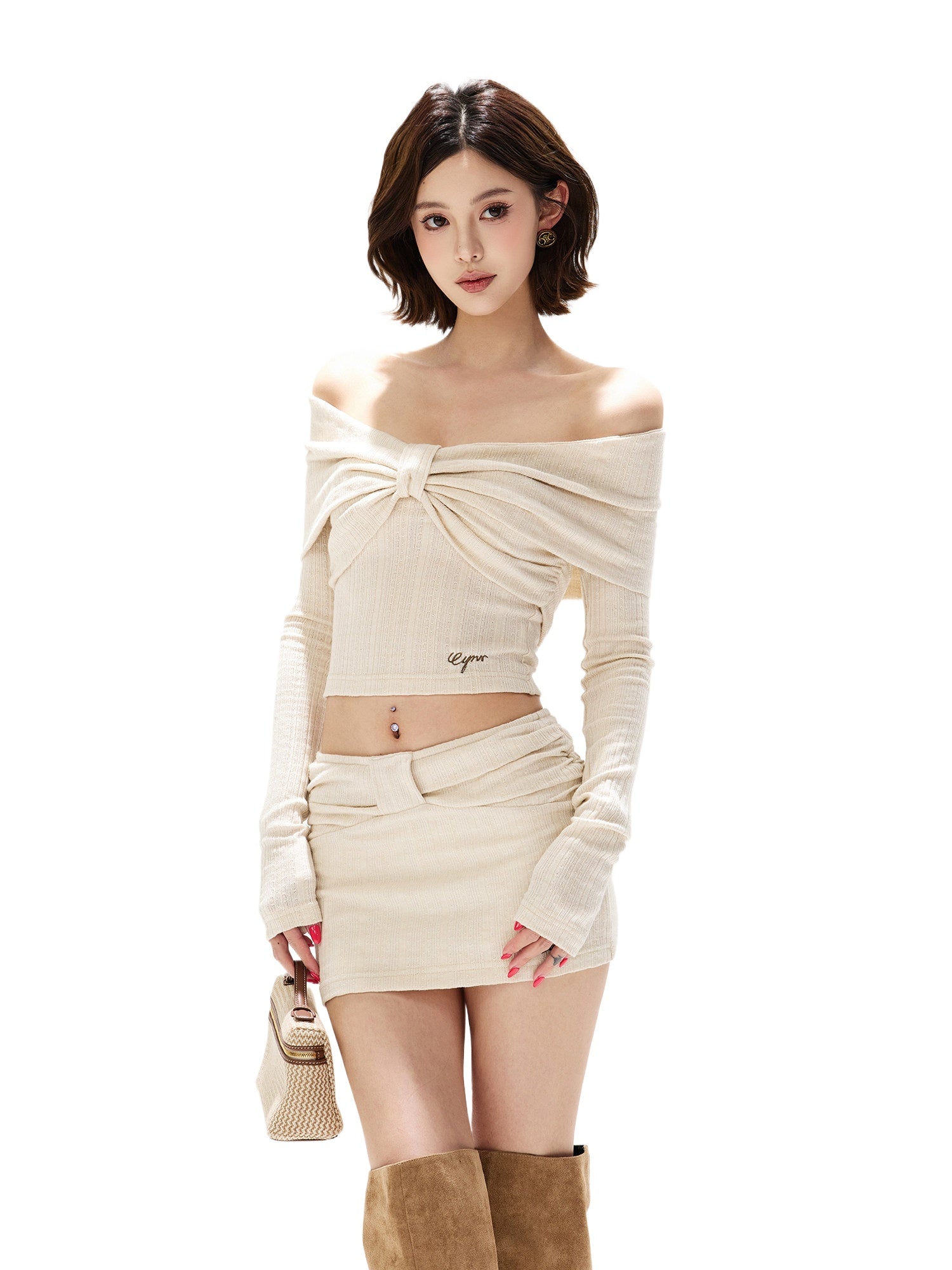 Apricot Twist Off-Shoulder Blouse & Skirt Set