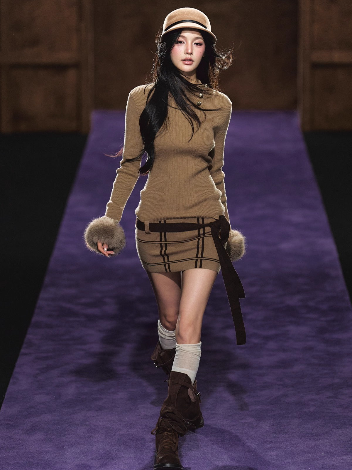 Turtleneck Fuzzy-Cuff Knit Dress