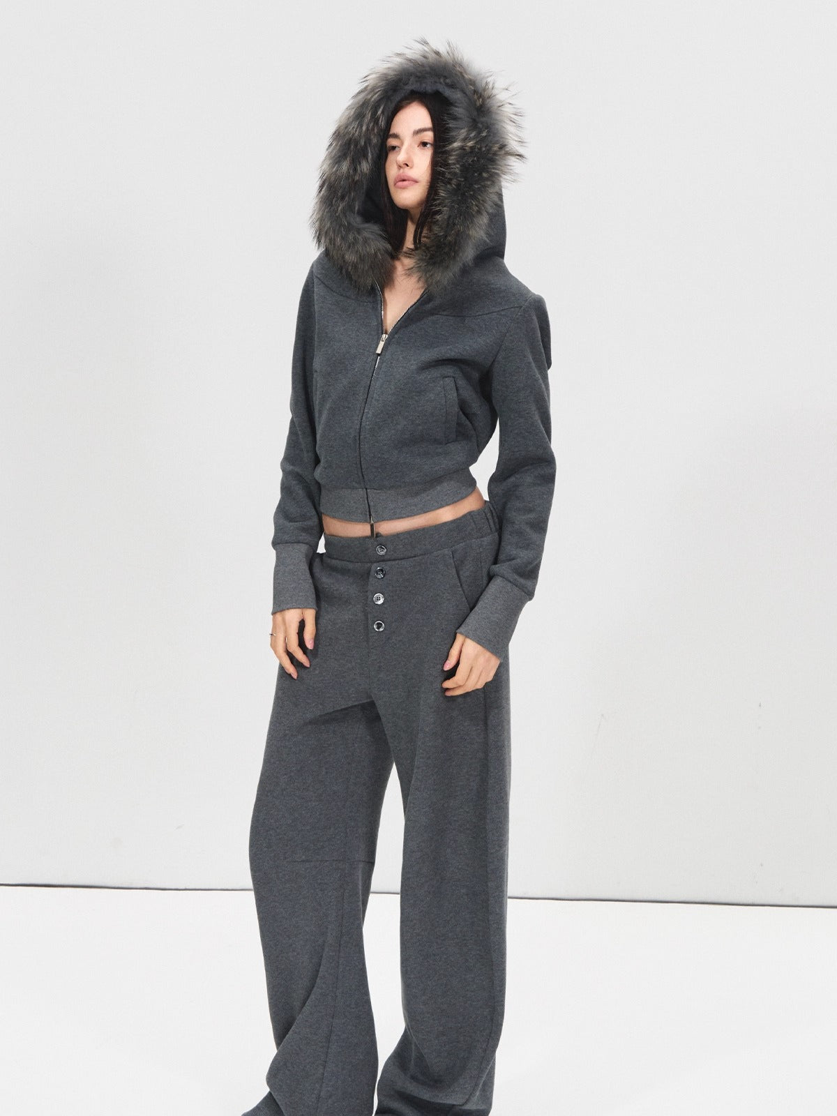 Detachable Fur Collar Hoodie & Sweatpants Set