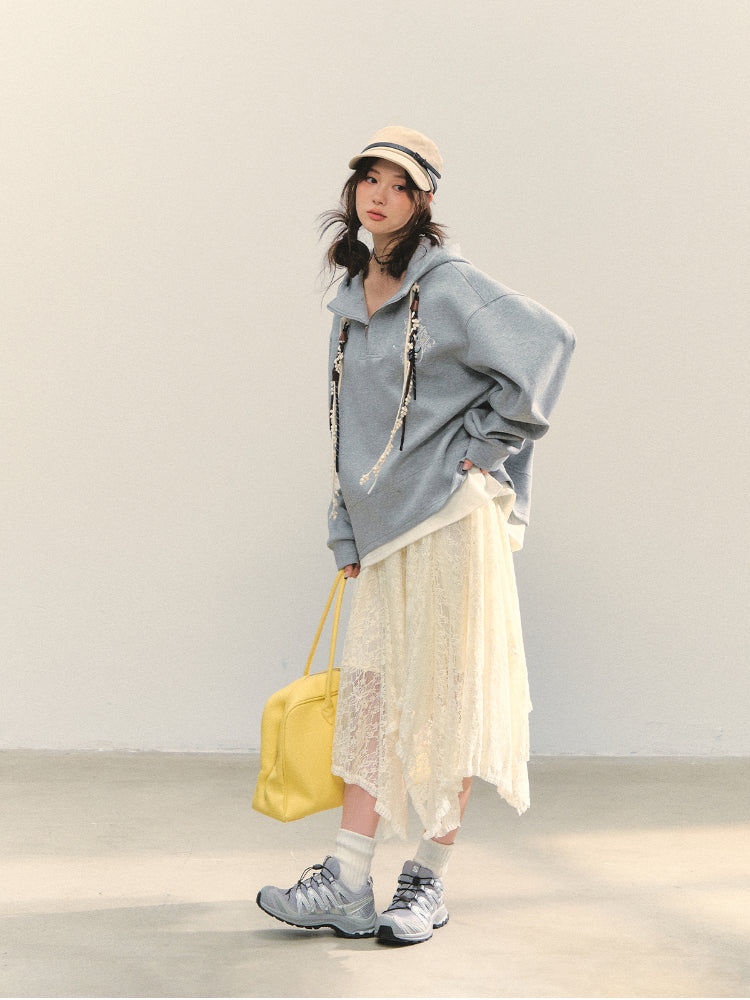 Beige Lace Irregular Hem Midi Skirt