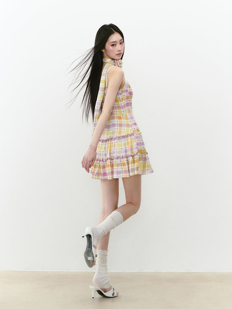 Fake Two-piece Plaid Spliced Cami Dress