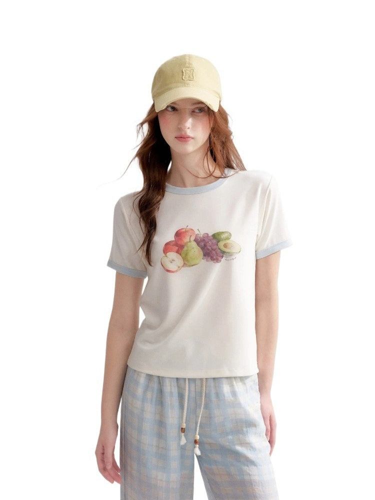 White And Blue Fruit Print Tee