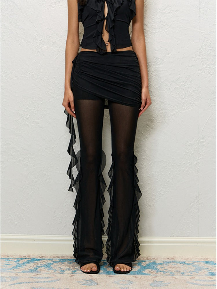 Black & White Ruffle V-Neck Tank & Sheer Pants Set