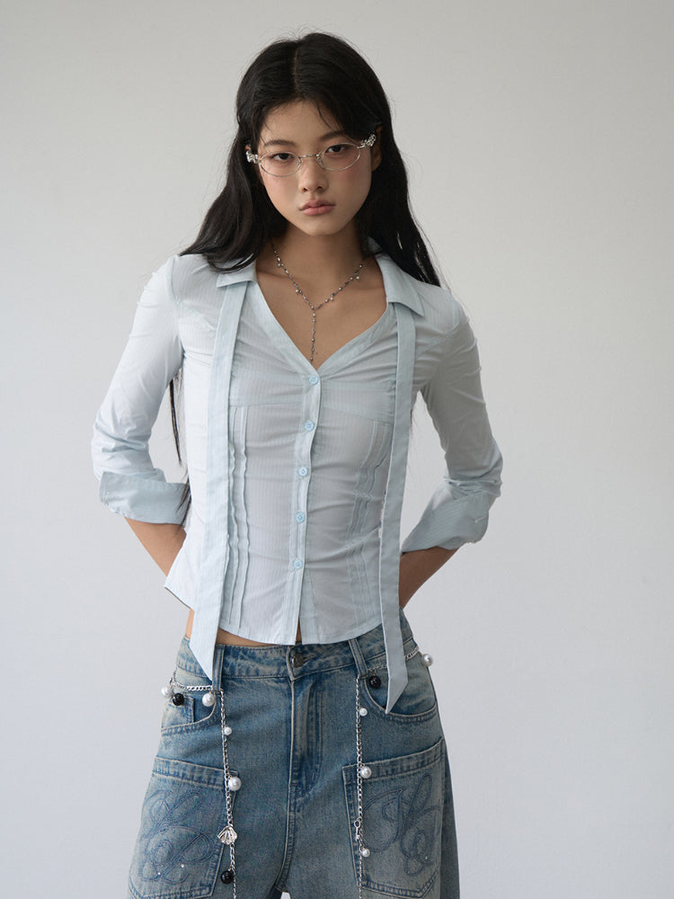 Contrast-colored Collared Waist-cinched Shirt