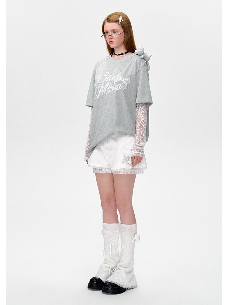 Lace Bear Fake Two- Piece Round-Neck T-Shirt