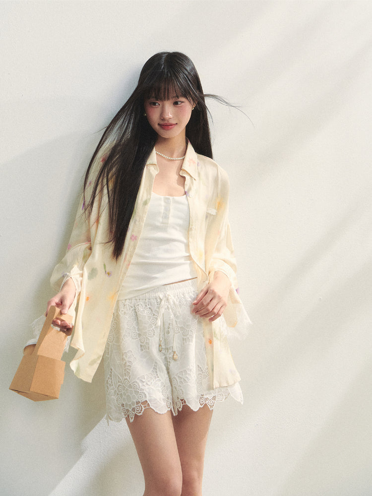 Lace-trimmed Floral Print Long-sleeve Shirt