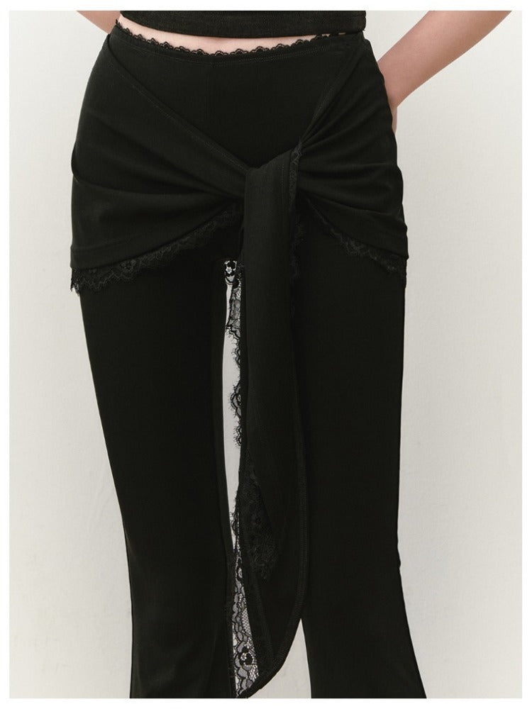 Lace-Trimmed Tie-Waist Lyocell Trousers