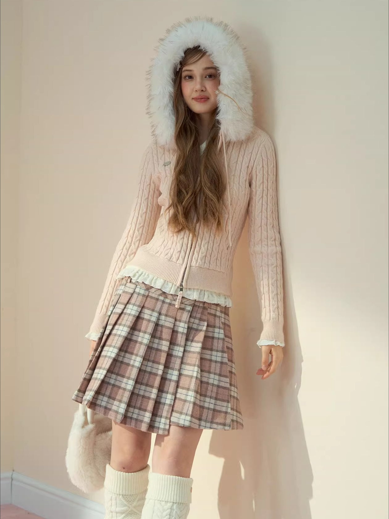 Detachable Fur Collar Blush Zip-up Knit Cardigan