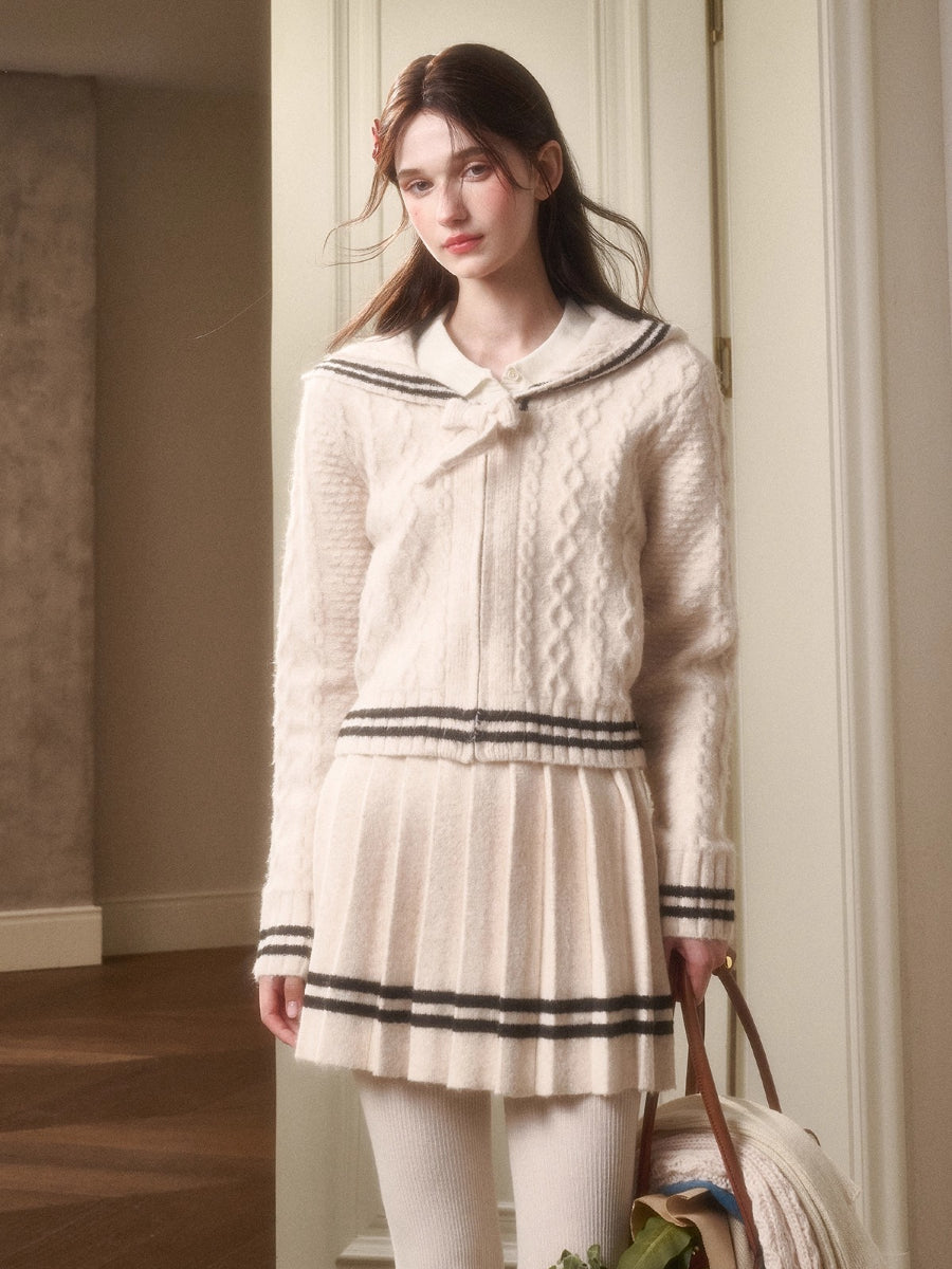 White Philosophy Wool Cloud Cable-Knit Cardigan & Skirt Set