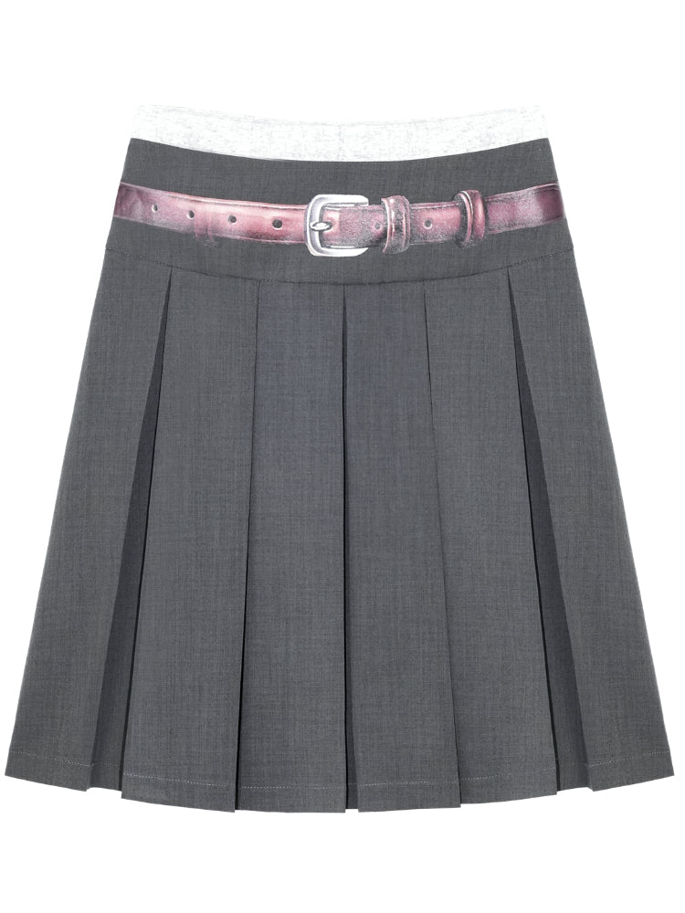 Fake Two-piece Printed Belted Pleated Skirt