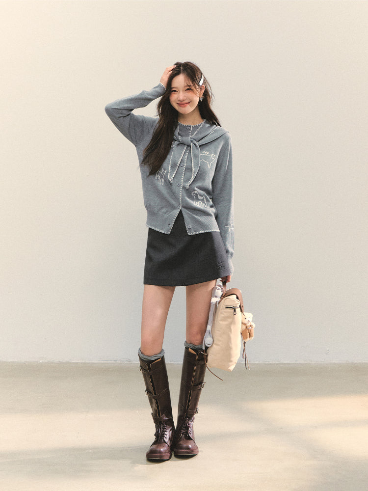 Puppy Embroidered Trim Hooded Knit Sweater