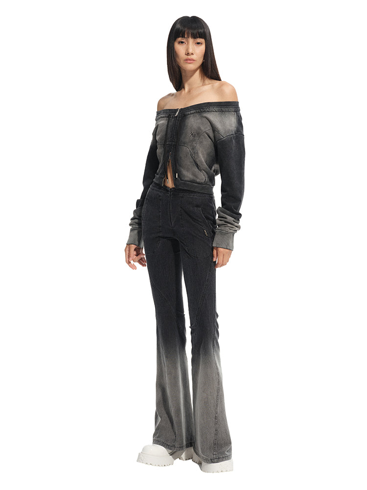 Twill Washed V-Waist Stretch Micro-flare Pants
