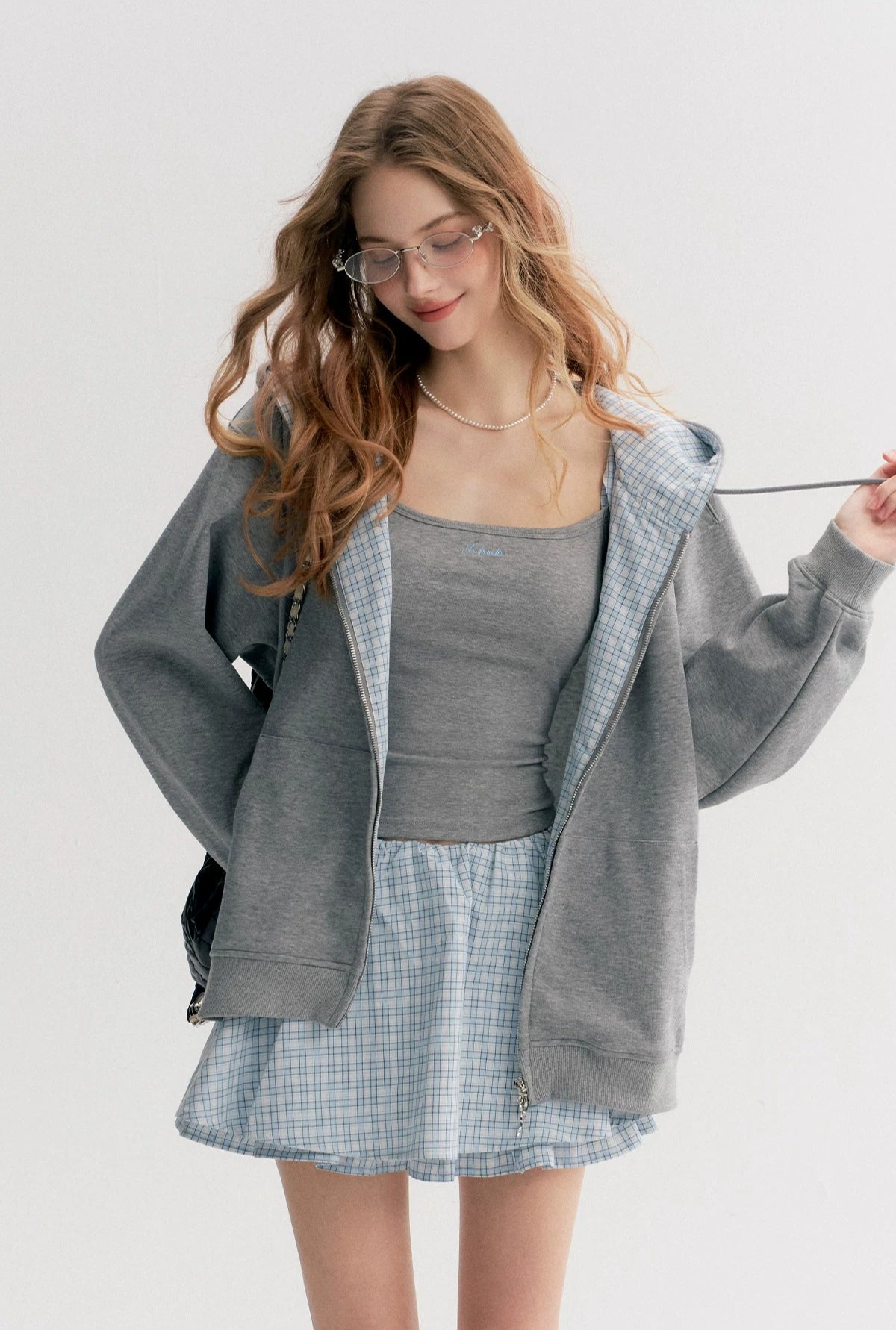 Gray Plaid Hoodie Three-Piece Set