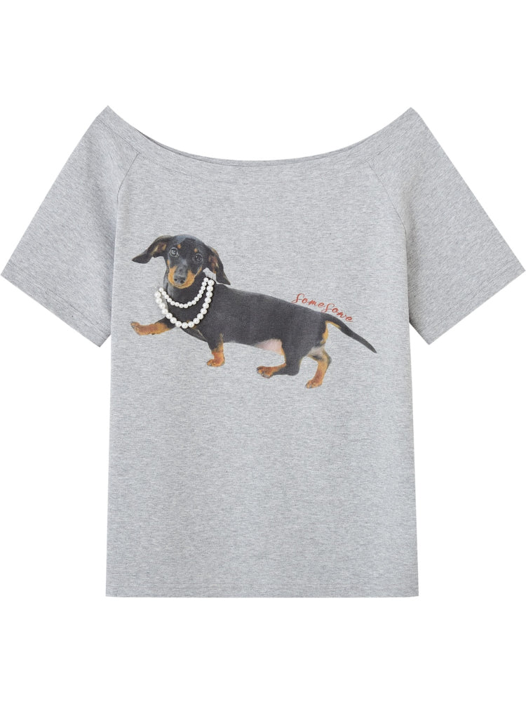 Off-Shoulder Pearl Embroidered Asymmetrical T-shirt