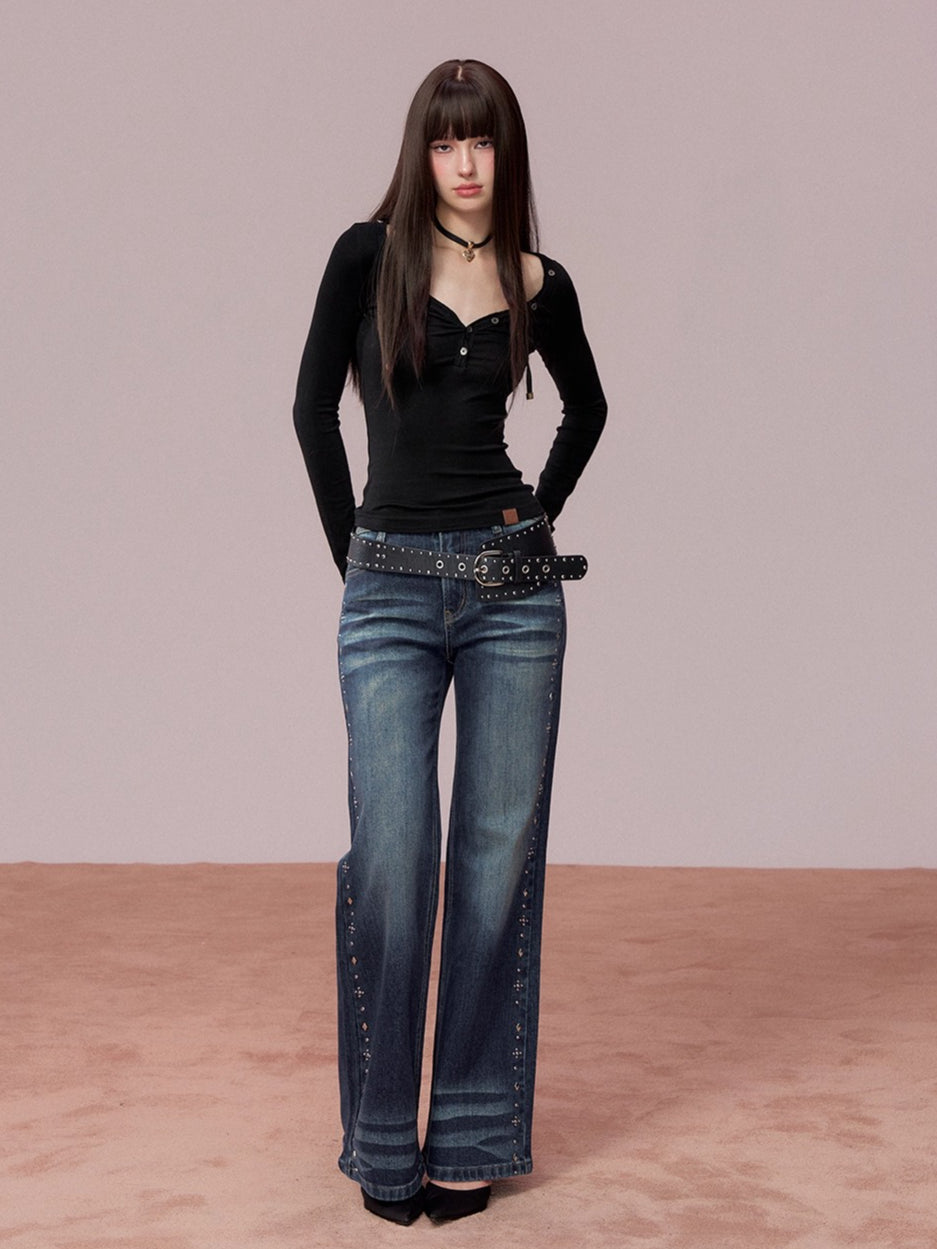 Studded Wash Straight-Leg Jeans