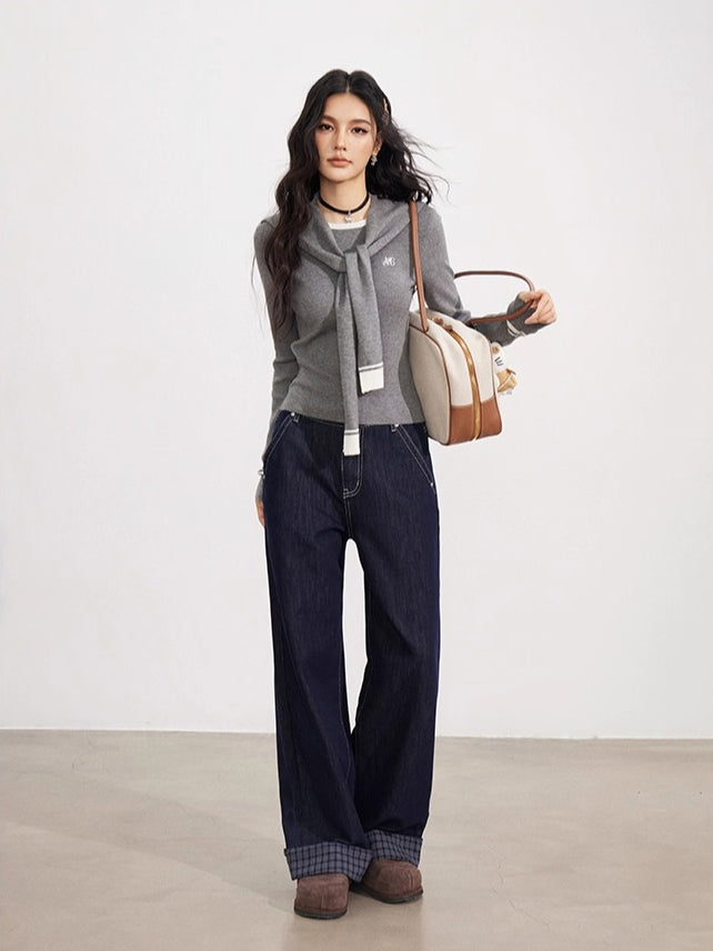 Gray & Blue Shoulder Crewneck Layer & Cape Set