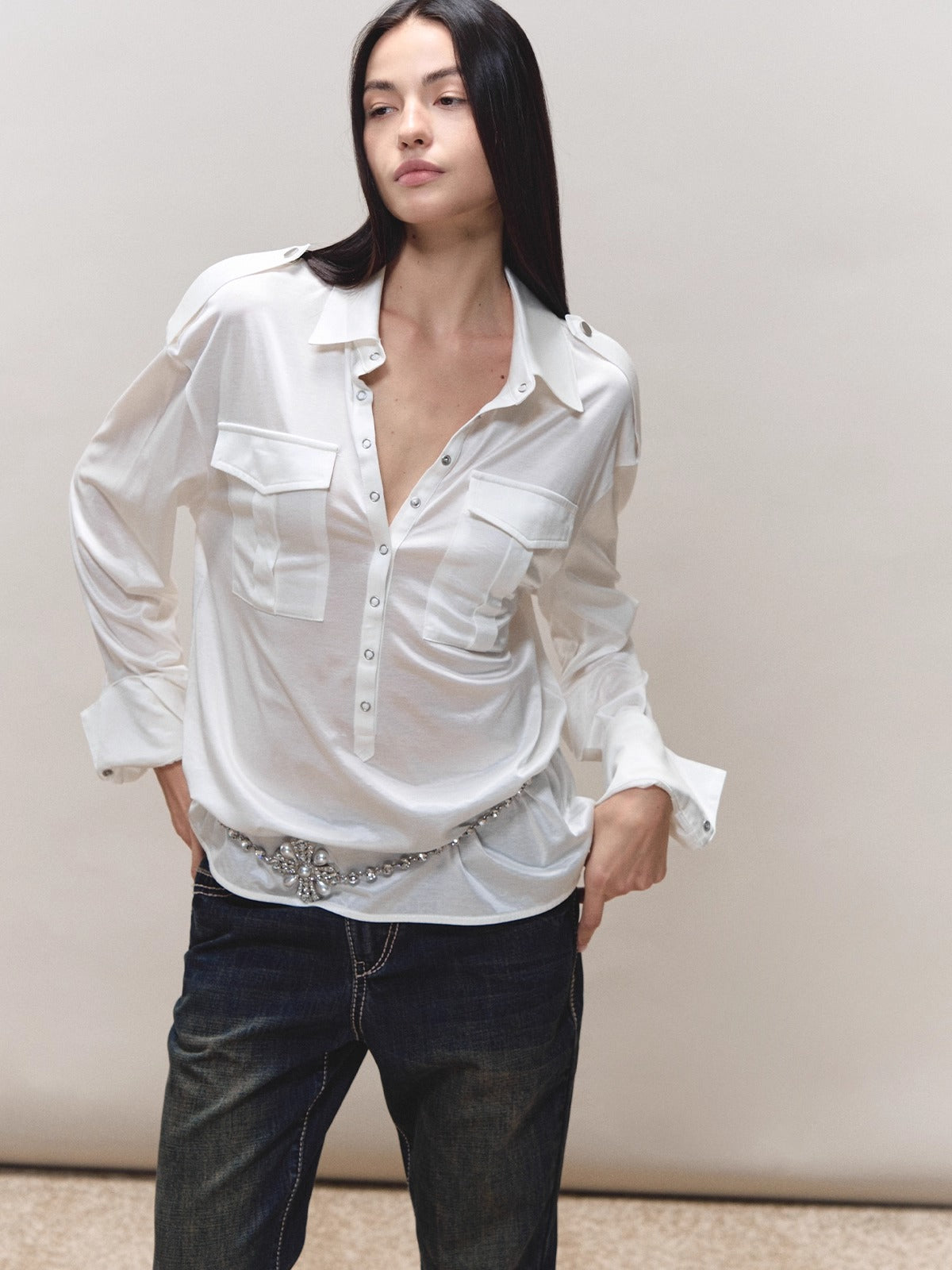 Satin-Sheen Knit Utility Shirt