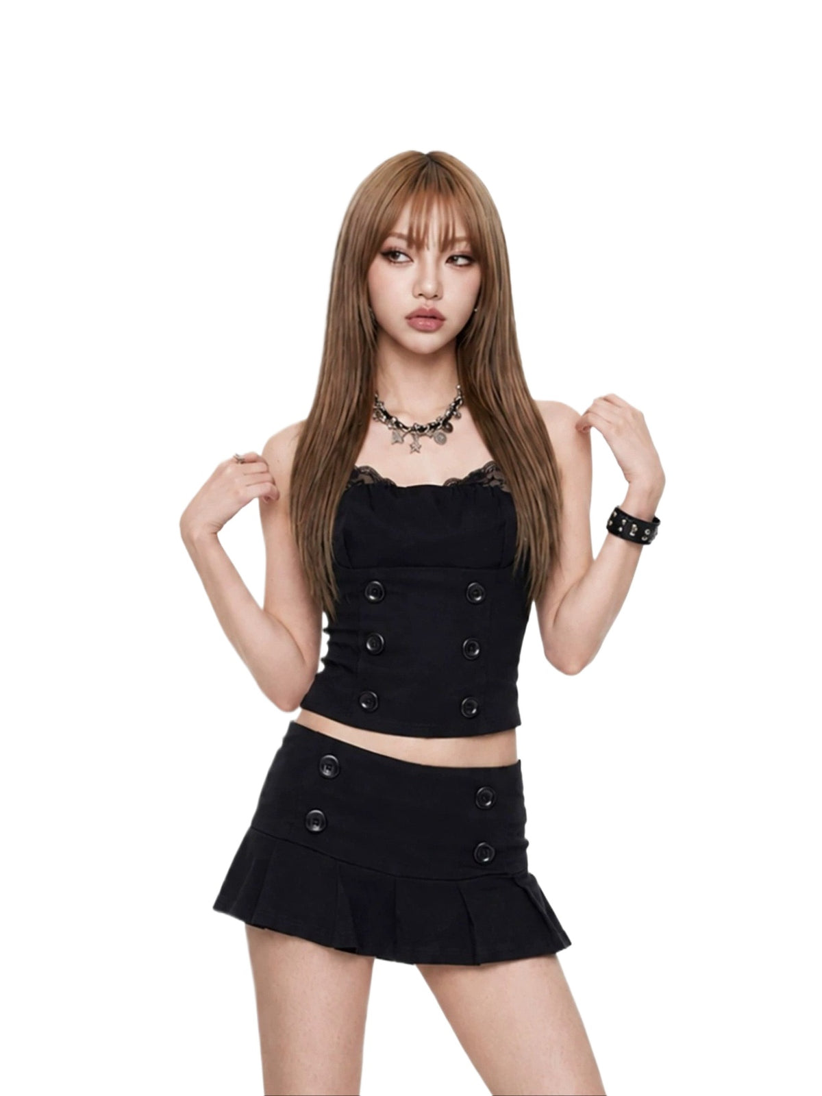 Black Halter Lace Trim Skirt Set