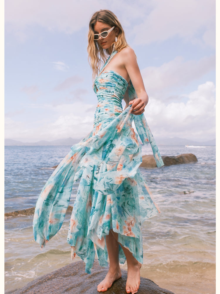 Floral-print Floral Ribbon Neckline Hollow-out Dress