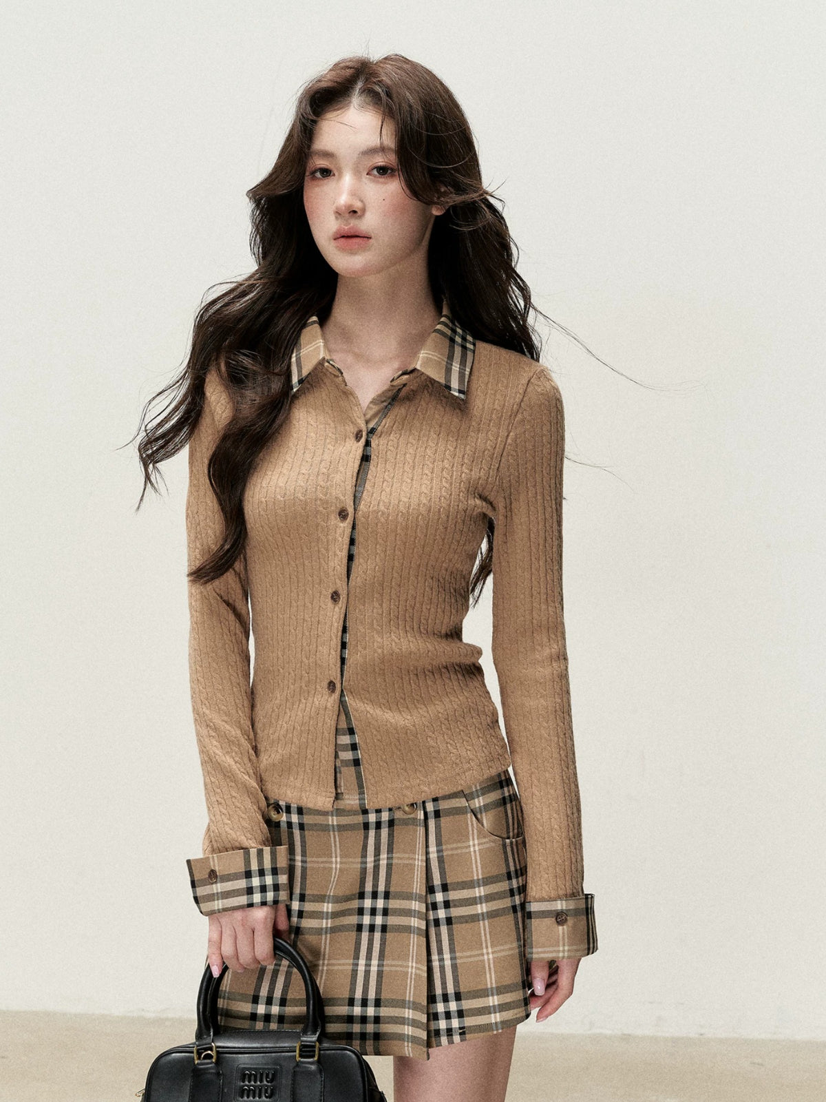 Plaid Trim Cardigan & Mini Skort Set