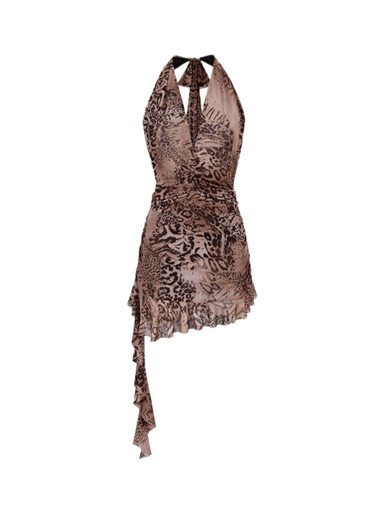 Halter Leopard Print Gathered-Waist Sleeveless Dress