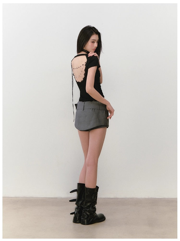 Acetate Lace Backless Beaded Short-sleeve T-shirt