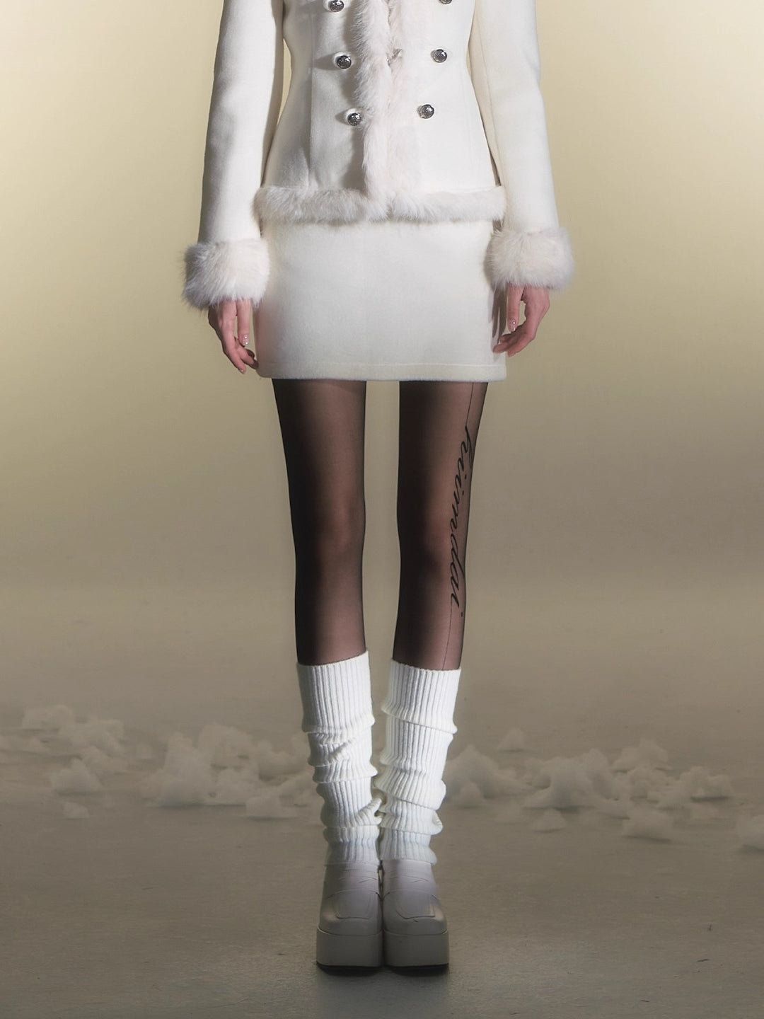 Faux Fur Double-Breasted Waist-Coated Jacket & Skirt Set