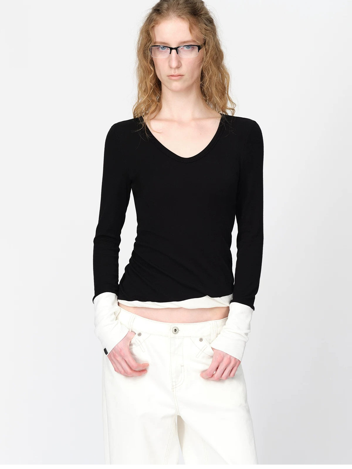 Wool Contrast V Neck Ruched Top