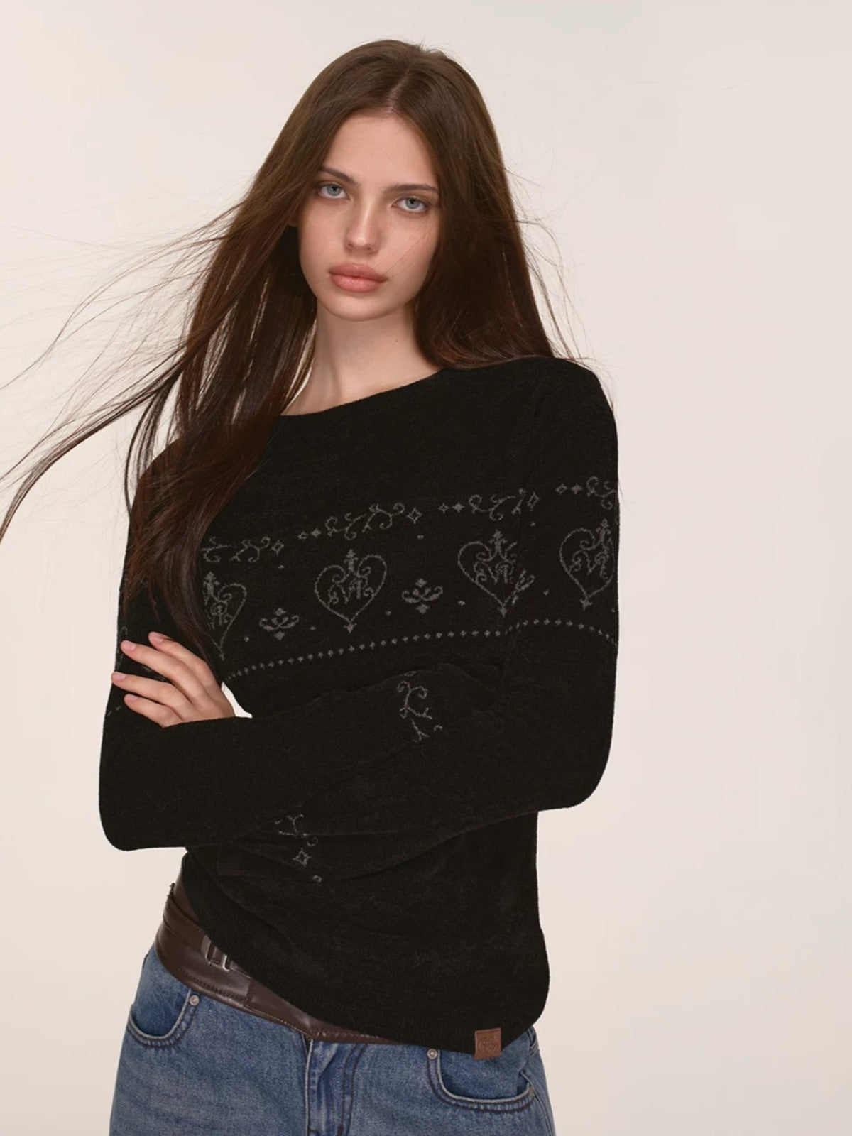 Heart Pattern Velvet Knit Sweater
