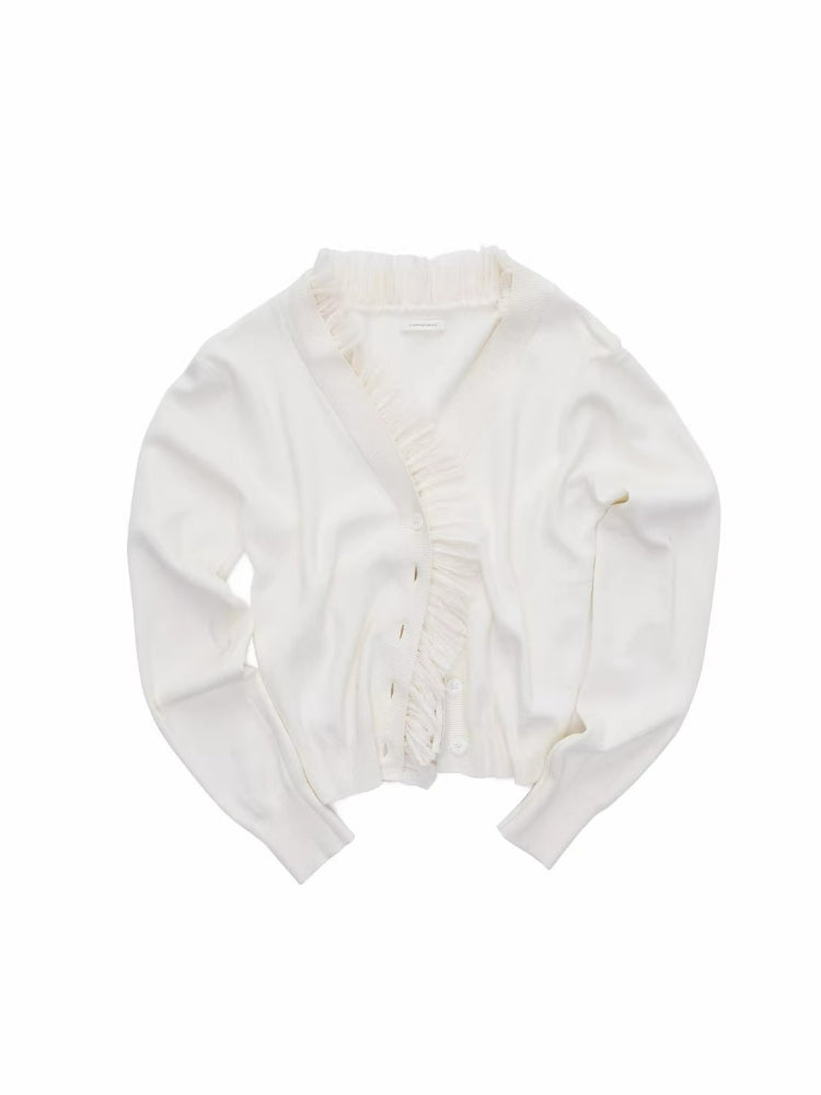 Ruffle Trim Ruched Knit Cardigan